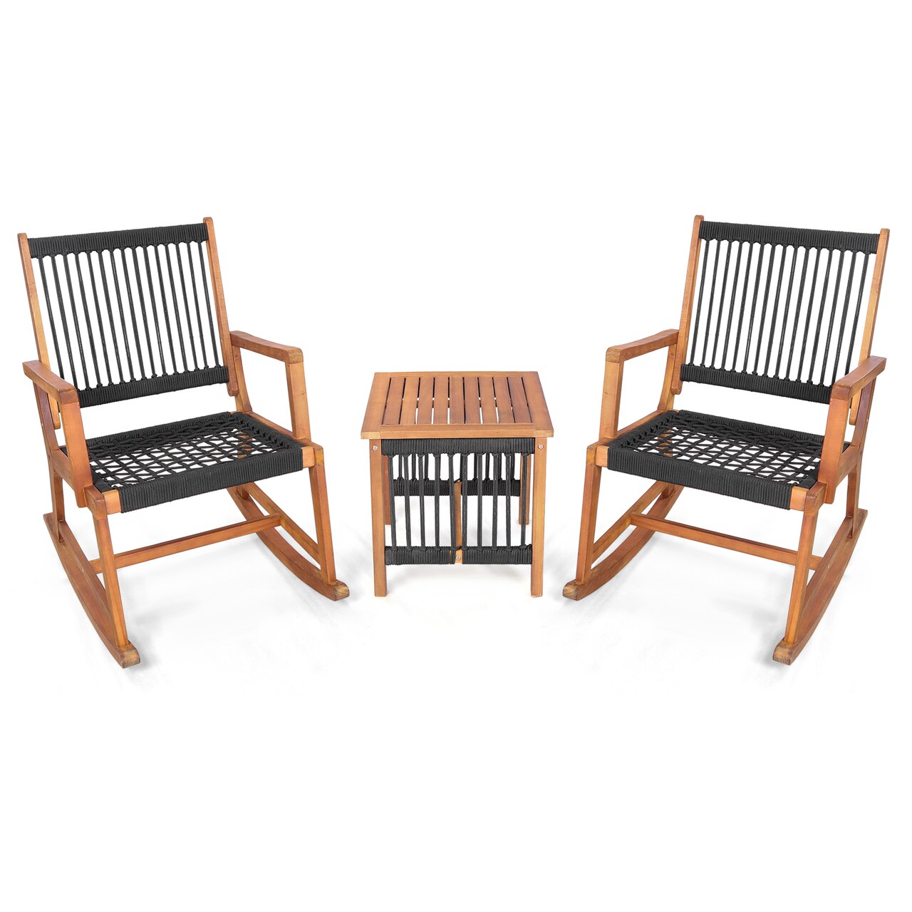 3 Pieces Acacia Wood Rocking Bistro Set with Hand-Woven Plastic Rope